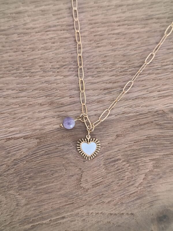 Collier en lépidolite avec chaine en grosse maille et pendentif coeur, acier inoxydable, créé par Main de Crystal