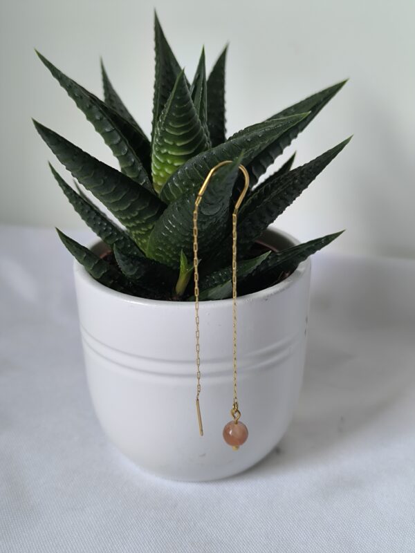 Boucle d'oreille chaine en pierre du soleil, créée par Main de Crystal, sur un cactus.