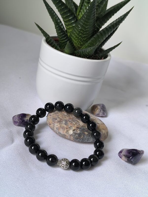 Bracelet en obsidienne oeil celeste avec boule en acier inox, créé par Main de Crystal