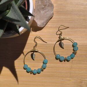 Boucles plume en Amazonite extra et acier inoxydable doré
