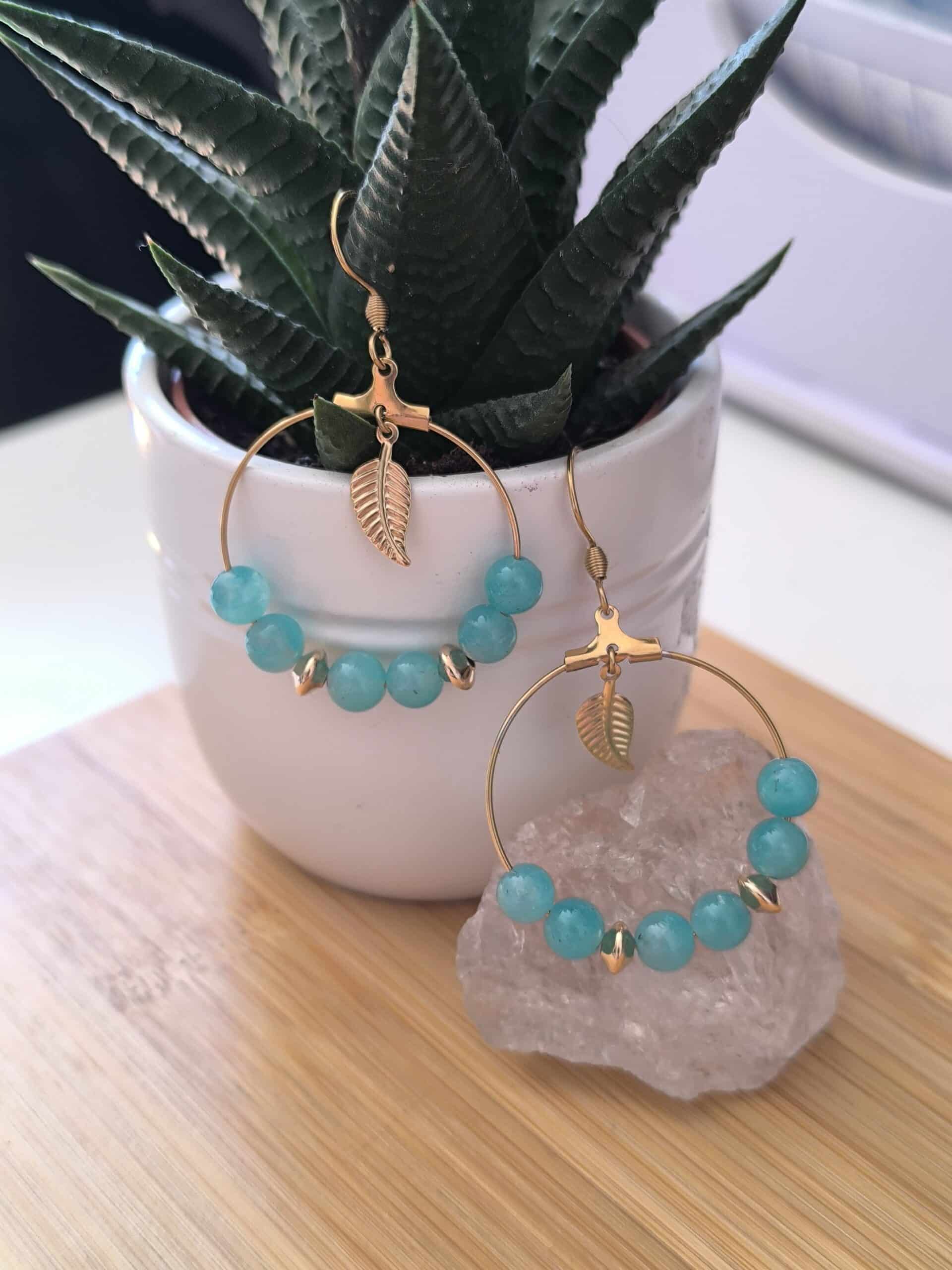 Boucles plume en Amazonite extra et acier inoxydable doré – Image 3