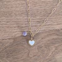 Collier en lépidolite avec chaine en grosse maille et pendentif coeur, acier inoxydable, créé par Main de Crystal